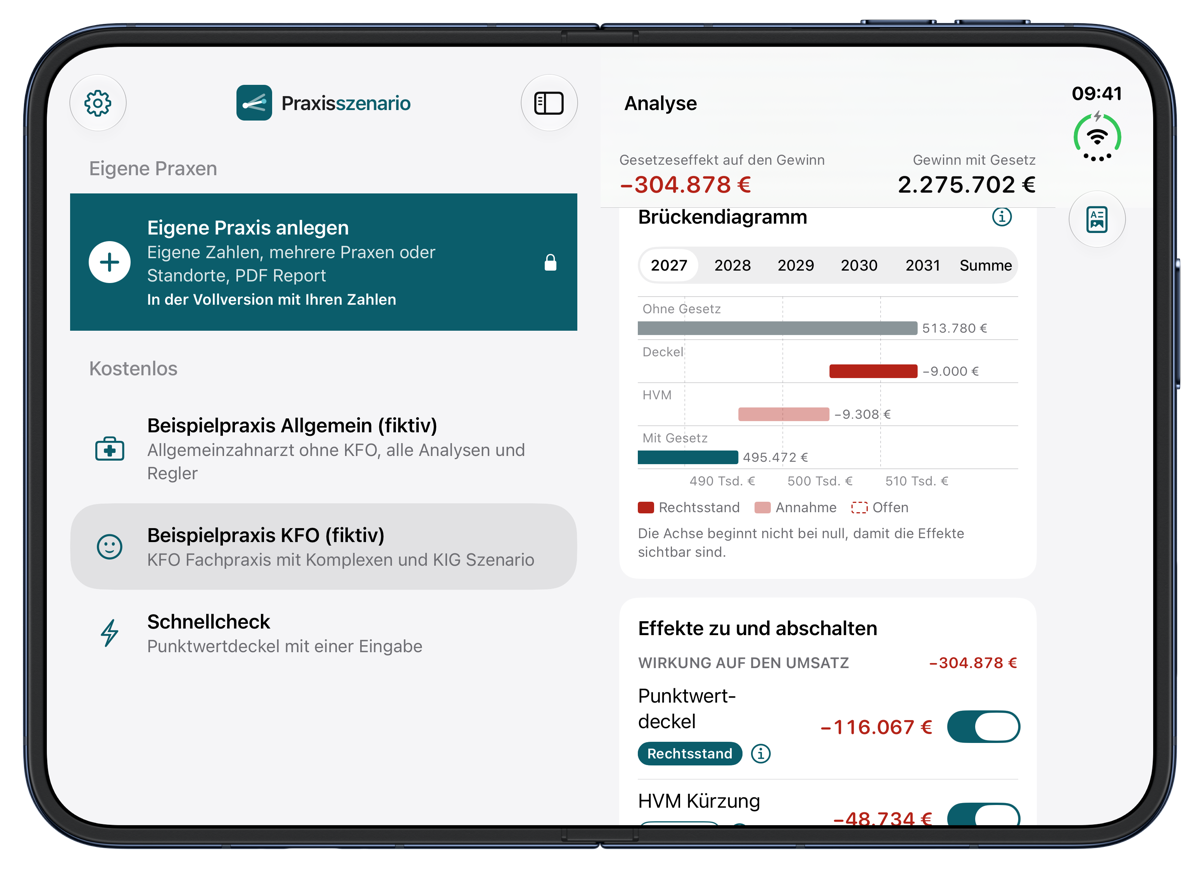 iPhone Duo aufgeklappt: Praxen links, Brückendiagramm und Effekte rechts