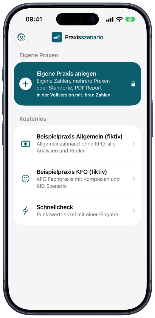 Startseite mit eigenen Praxen, Beispielpraxen und Schnellcheck